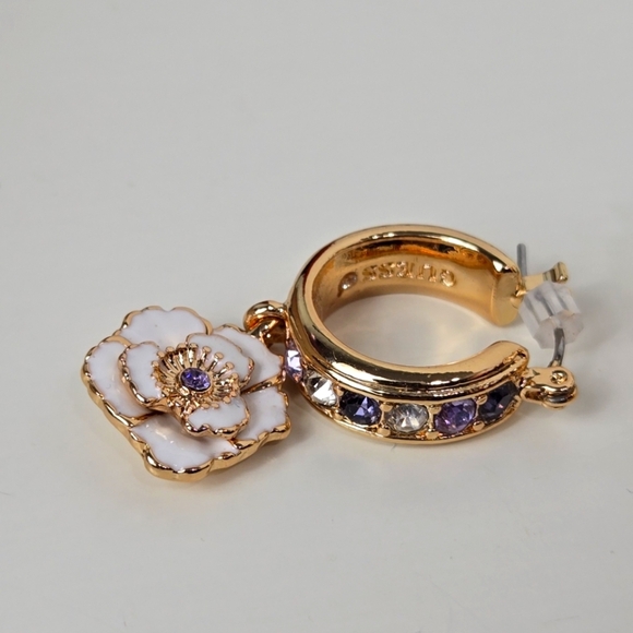 Guess Elegant Gold Tone Tan Enamel Purple Stones  Floral Hoop Earrings - Picture 7 of 16